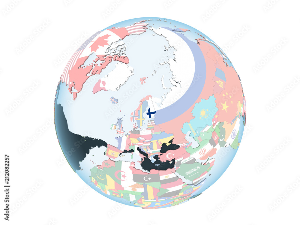 Naklejka premium Finland with flag on globe isolated