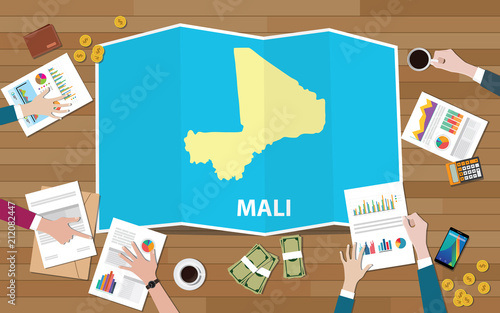 mali republic africa economy country growth nation team discuss with fold maps view from top