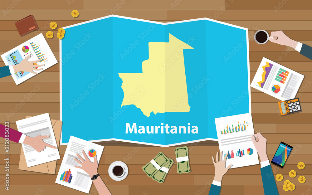 islamic republic of mauritania economy country growth nation team discuss with fold maps view from top