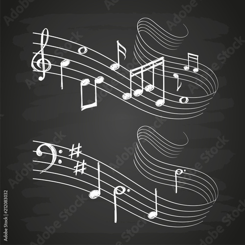 Chalk sketch musical sound wave with music notes on blackboard