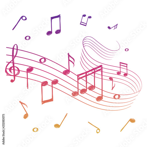 Sketch of colorful musical sound wave with music notes. Vector music background