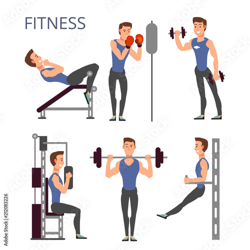 Gym exercises, body pump workout vector set with cartoon sport man characters. Fitness people