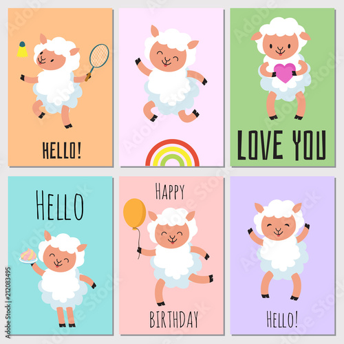 Happy birthday, hello cards with cute sheep