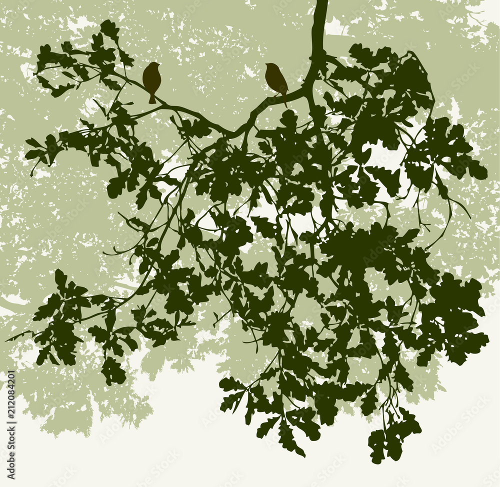 Naklejka premium Silhouettes of the birds on the oak branch