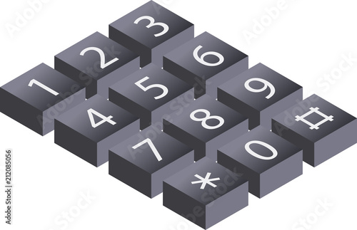 Isometric, 3D illustration of digital keypad, keyboard, call phone dialer, alarm security access, vector illustration.