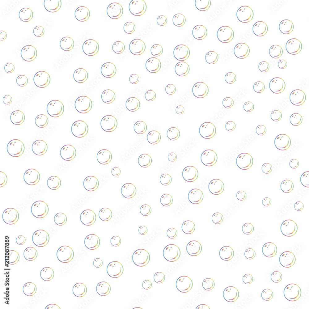 Seamless pattern with realistic transparent colorful soap bubbles with rainbow reflection isolated on white background. Pattern with bubble blower.