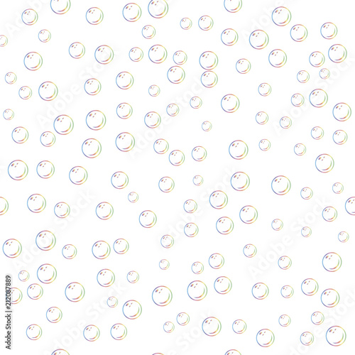 Seamless pattern with realistic transparent colorful soap bubbles with rainbow reflection isolated on white background. Pattern with bubble blower.