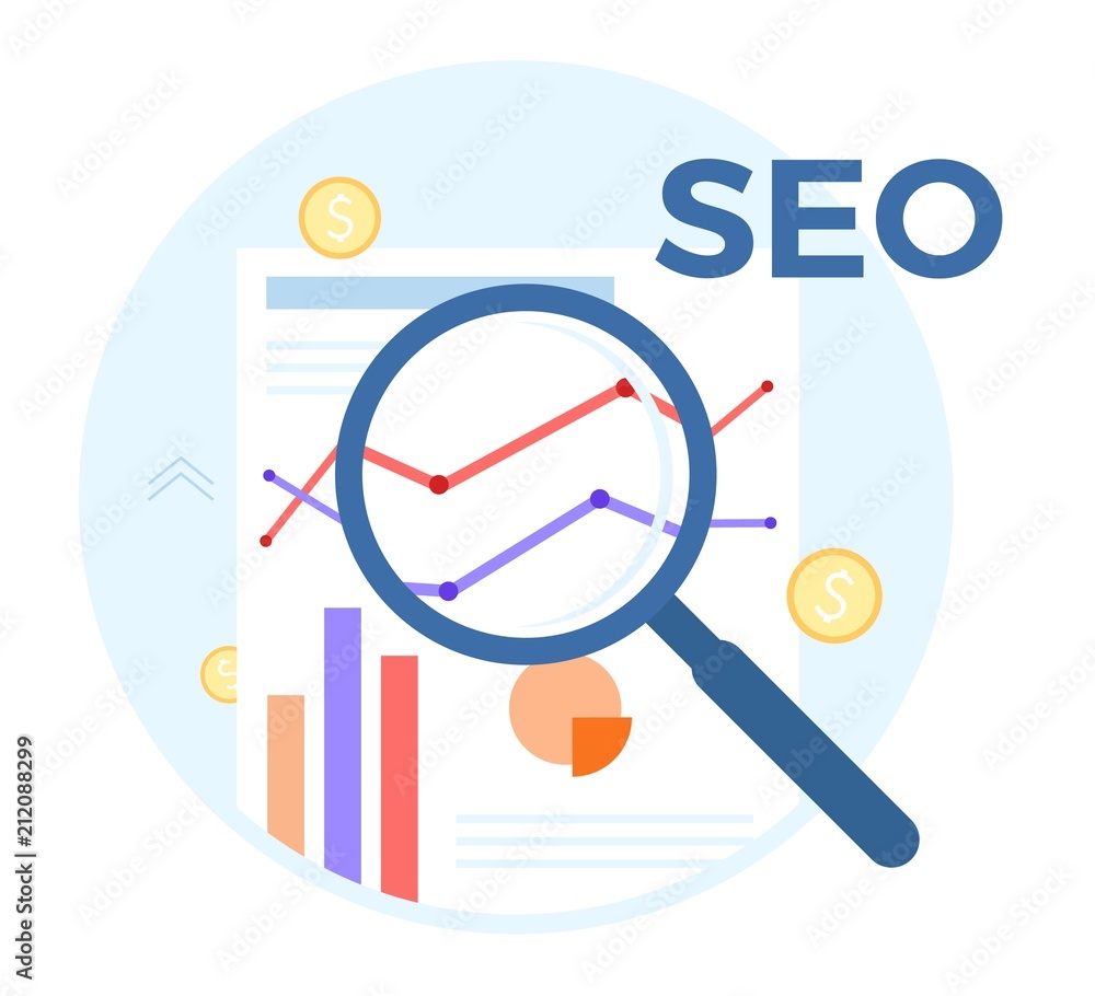 SEO analysis vector flat illustration. Concept of accounting, analysis, audit, financial report. Auditing tax process. EPS 10 SEO analysis vector flat illustration. Concept of accounting, analysis, audit, financial report. Auditing tax process. EPS 10