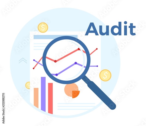 Audit analysis vector flat illustration. Concept of accounting, analysis, audit, financial report. Auditing tax process. EPS 10