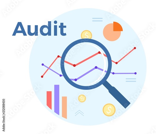 Audit analysis vector flat illustration. Concept of accounting, analysis, audit, financial report. Auditing tax process. EPS 10
