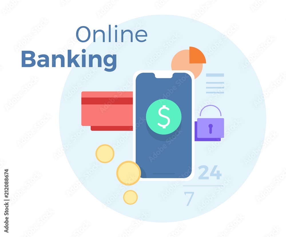 Vector illustration for online banking. Concept for mobile bank and internet payment. Flat banner, eps 10 Vector illustration for online banking. Concept for mobile bank and internet payment. Flat banner, eps 10