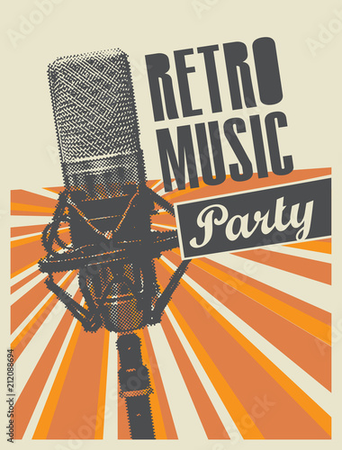 Vector poster or banner for a retro music party with a microphone on a background with bright rays in retro style