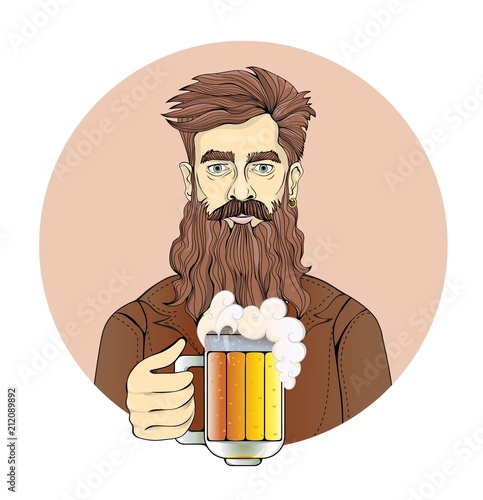 Man with beard holding a beer mug. Portrait of a man in circle, sepia tint. Flat vector illustration. Isolated on white background.