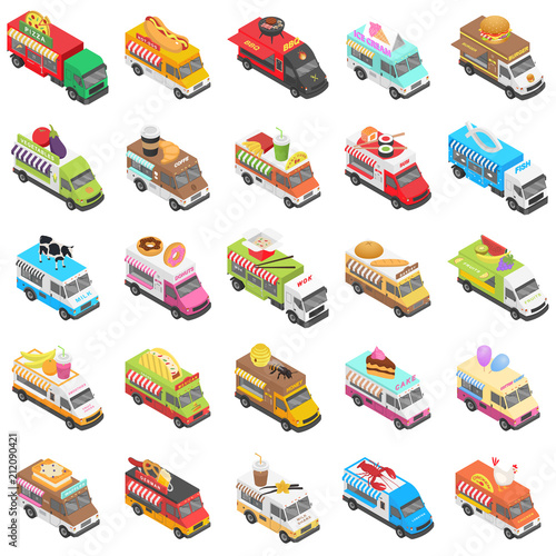 Food truck street transport icons set. Isometric illustration of 25 food truck street transport vector icons for web
