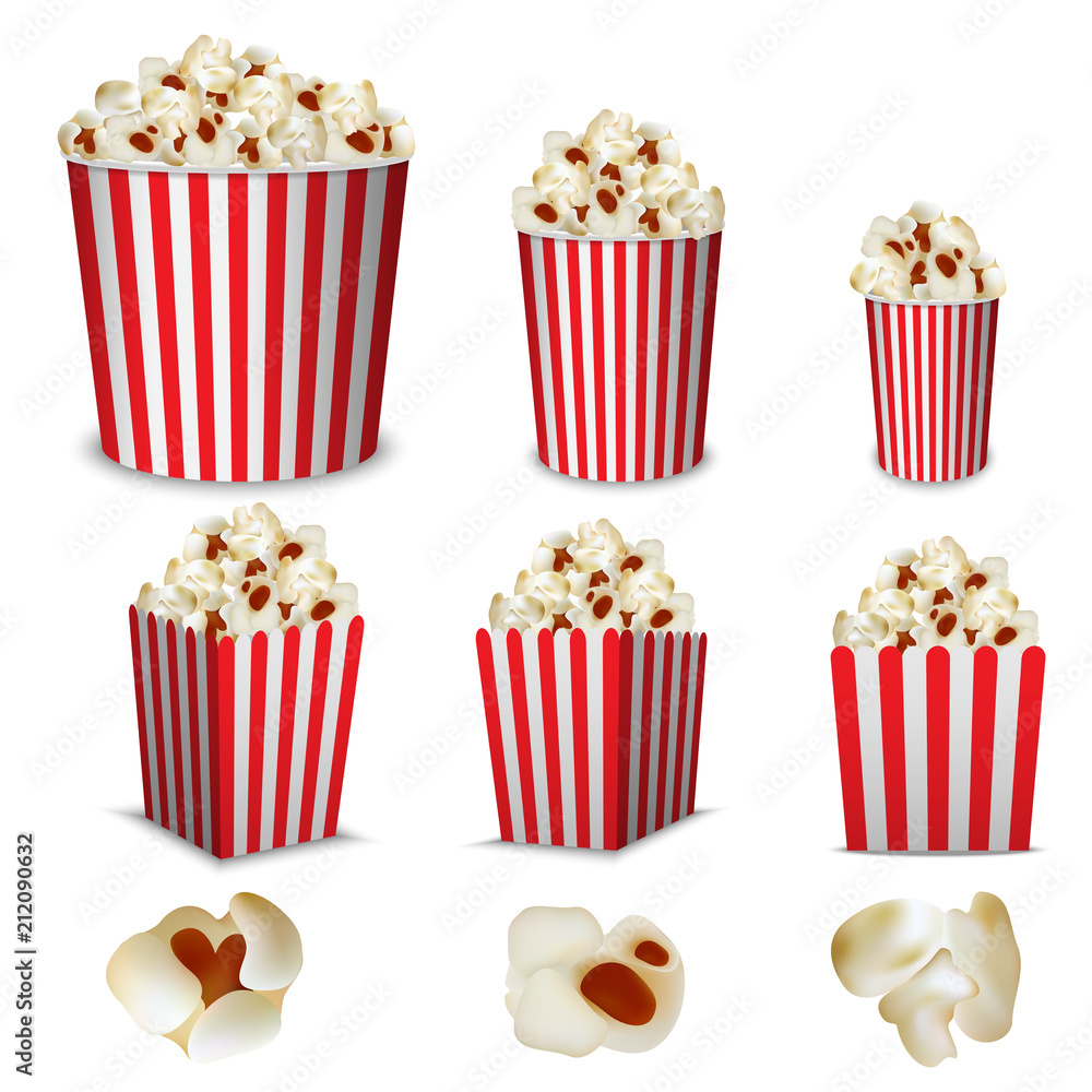 Popcorn cinema box striped mockup set. Realistic illustration of 9 popcorn cinema box striped mockups for web