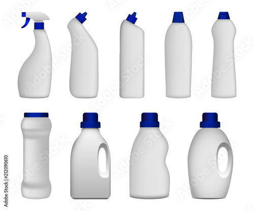 Detergent bottle cleaning powder washing mockup set. Realistic illustration of 9 detergent bottle cleaning powder washing mockups for web