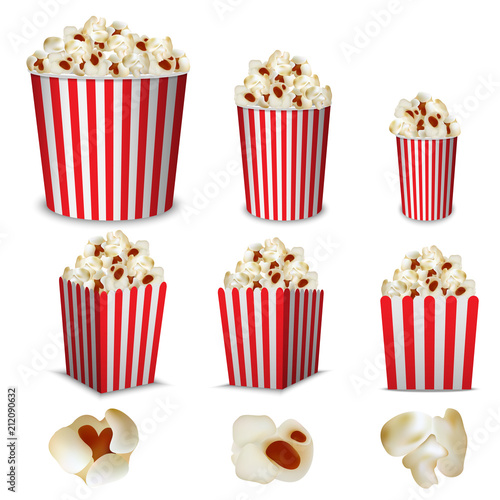 Popcorn cinema box striped mockup set. Realistic illustration of 9 popcorn cinema box striped mockups for web