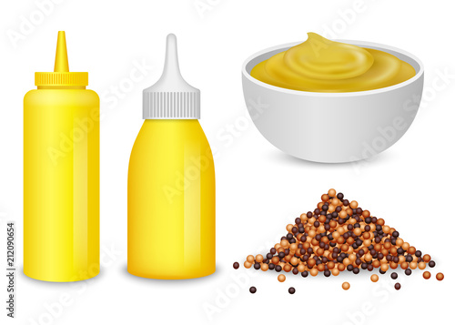 Mustard seeds sauce bottle icons set. Realistic illustration of 4 mustard seeds sauce bottle vector icons for web