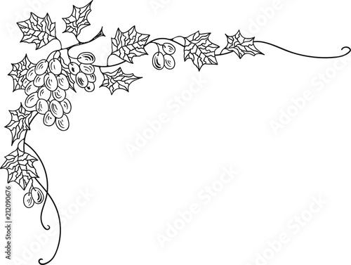 Hand Drawn Doodle Sketch Line Art Vector Illustration of Corner Ornament of Ripe Grape. Menu Poster Card Decoration Black Outline Design Element Template