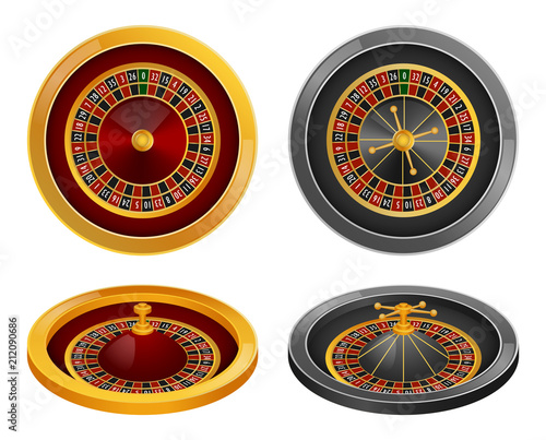 Roulette wheel fortune spin game mockup set. Realistic illustration of 4 roulette wheel fortune spin game mockups for web
