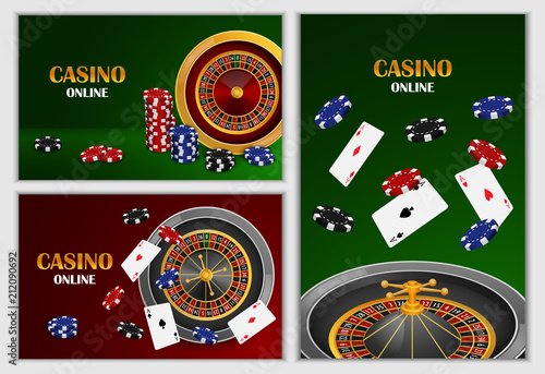 Roulette wheel fortune spin game banner concept set. Realistic illustration of 3 roulette wheel fortune spin game banner horizontal concepts for web