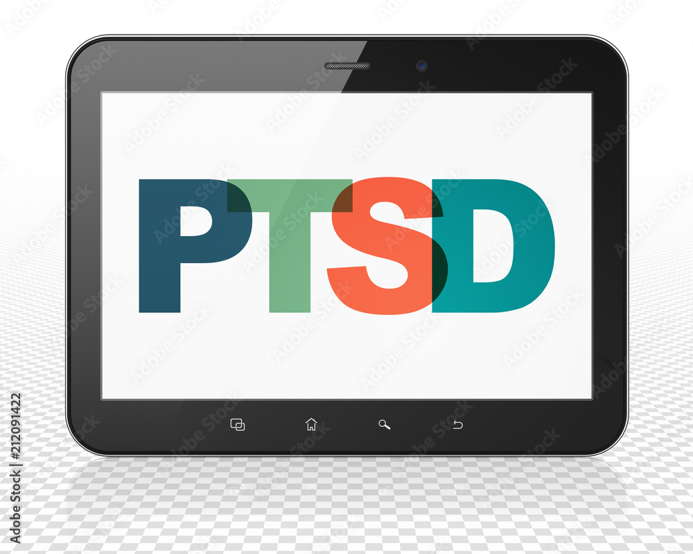 Medicine concept: Tablet Pc Computer with Painted multicolor text PTSD on display, 3D rendering Medicine concept: Tablet Pc Computer with Painted multicolor text PTSD on display, 3D rendering