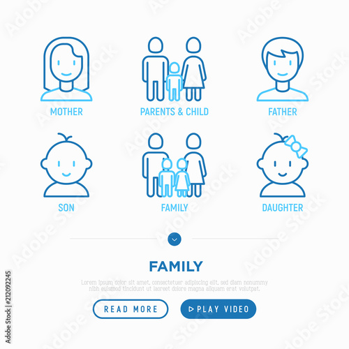 Family thin line icons set: mother, father, newborn, son, daughter. Vector illustration.