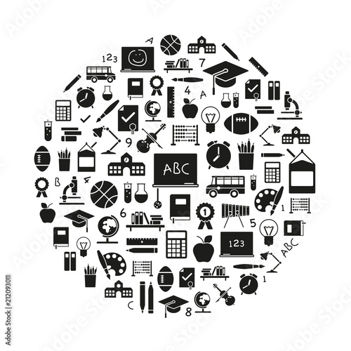 World of education. School related icons arranged in circle shape