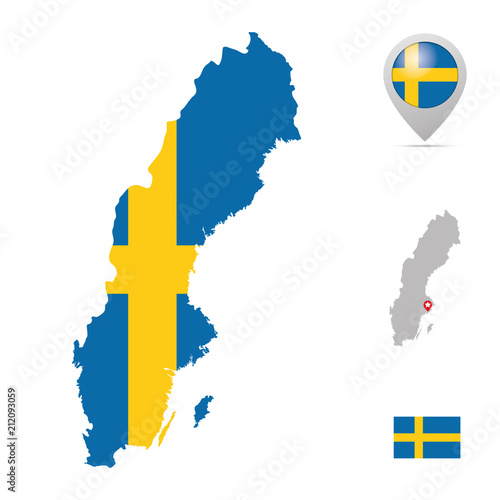 Sweden map in national colors, flag and marker