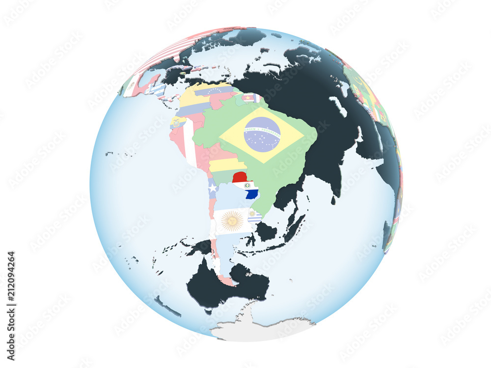 Paraguay with flag on globe isolated Paraguay with flag on globe isolated