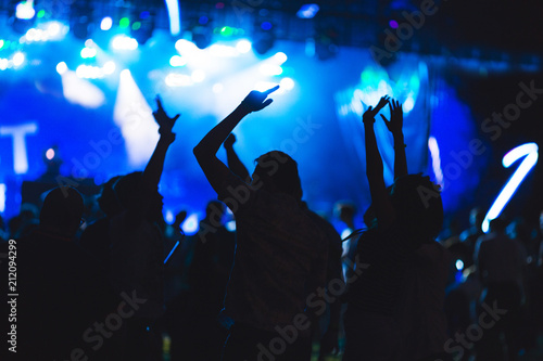 Silhouettes of young people during a bright performance, music festival. 
