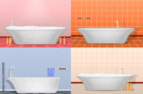 Bathtub shower interior mockup set. Realistic illustration of 4 bathtub shower interior mockups for web
