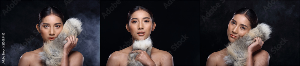 Collage Group of Beautiful tanned Clean Skin Woman wrapped black hair Collage Group of Beautiful tanned Clean Skin Woman wrapped black hair
