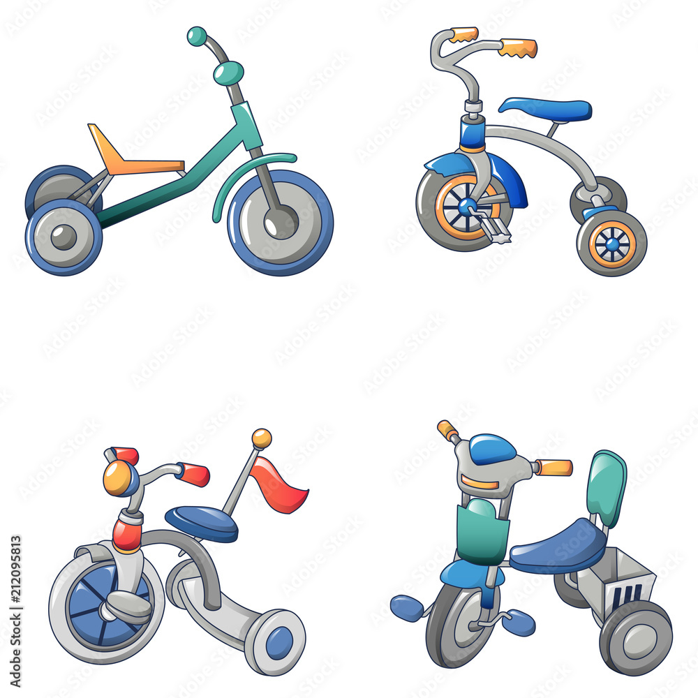 Tricycle bicycle bike wheel icons set. Cartoon illustration of 9 tricycle  bicycle bike wheel vector icons for web Stock Vector | Adobe Stock