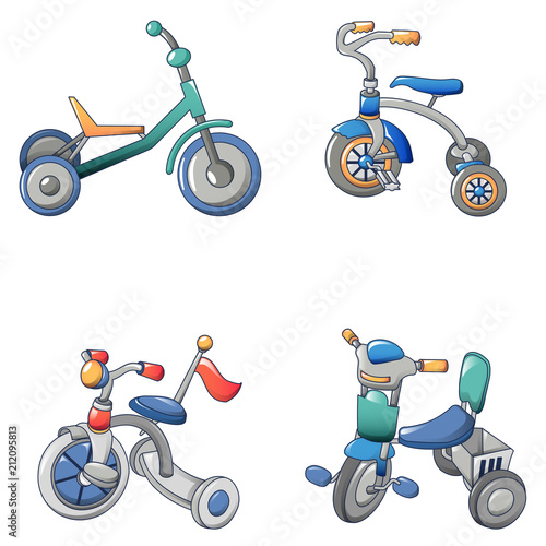 Tricycle bicycle bike wheel icons set. Cartoon illustration of 9 tricycle bicycle bike wheel vector icons for web