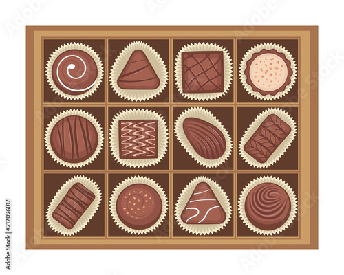 Vector illustration of chocolates candies in a box. 