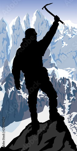 vector alpinist mountaineer with ice axe on the top of mountain