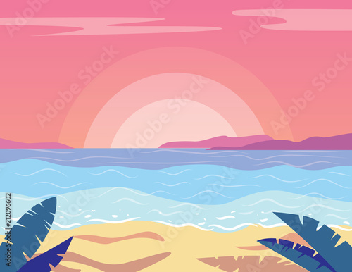 Vector colorful flat style illustration of beautiful sunset on the beach. Pink sky with blue water, yellow sand and palm silhouettes