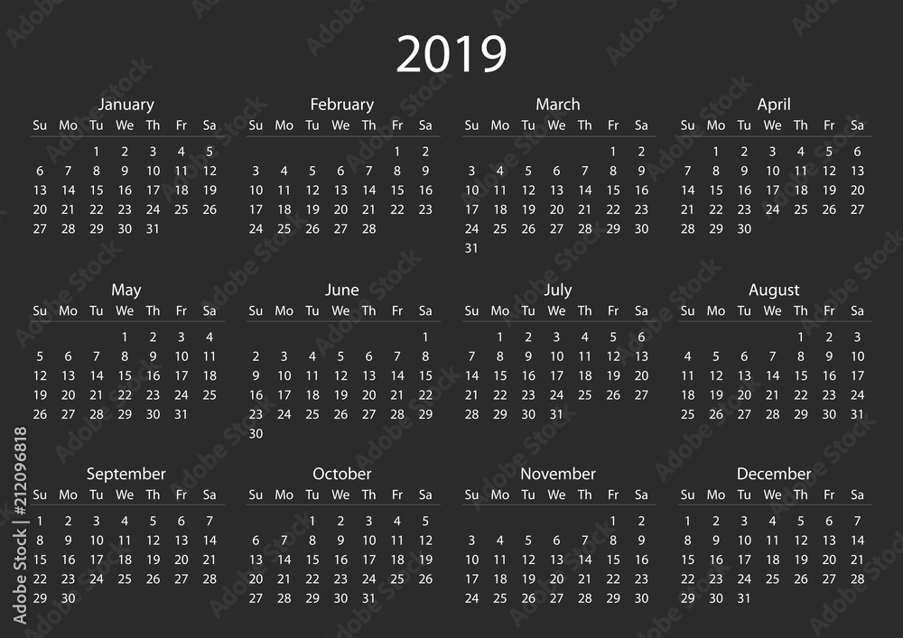 Calendar 2019. Calendar grid 2019 year white on black background. Calendar template 2019. Sunday starts. Vector illustration AI10.