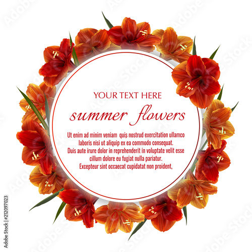 Template for greeting cards, wedding decorations, sales. Round Vector banner with Luxurious bright red Hippeastrum flowers. Spring or summer design.