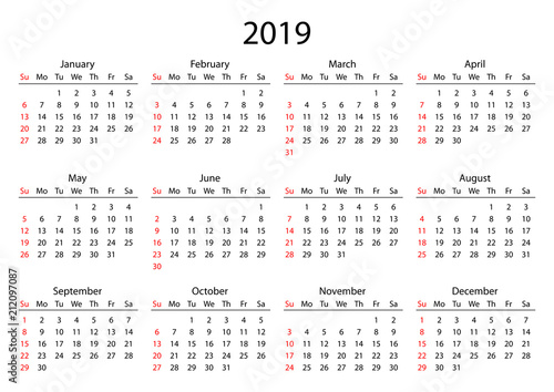 Calendar 2019. Calendar grid 2019 year black on white background. Red Sunday starts. Vector illustration AI10.