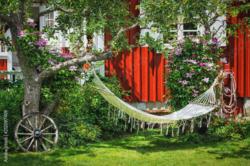 Picture of backyard area with hammock and old vintage details on the green grass