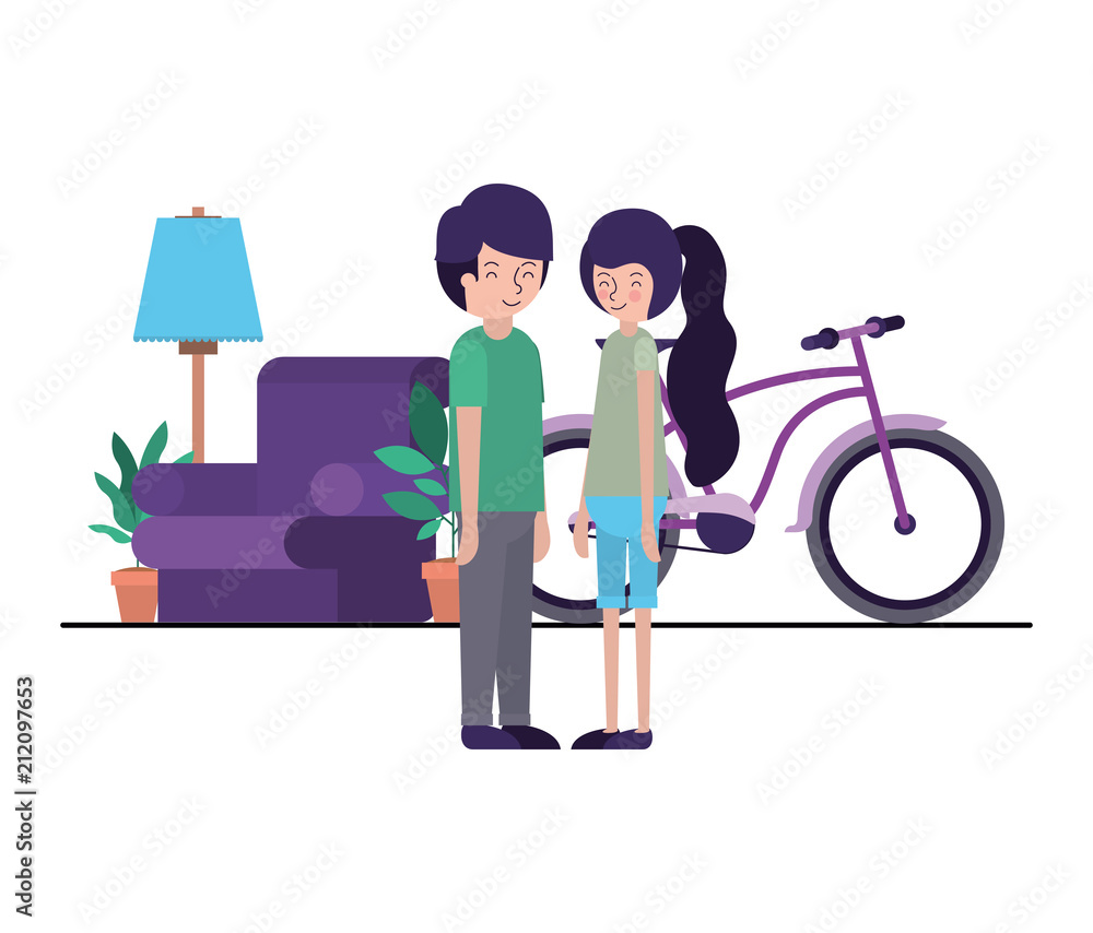 couple in the livingroom with houseplants and bicycle vector illustration couple in the livingroom with houseplants and bicycle vector illustration