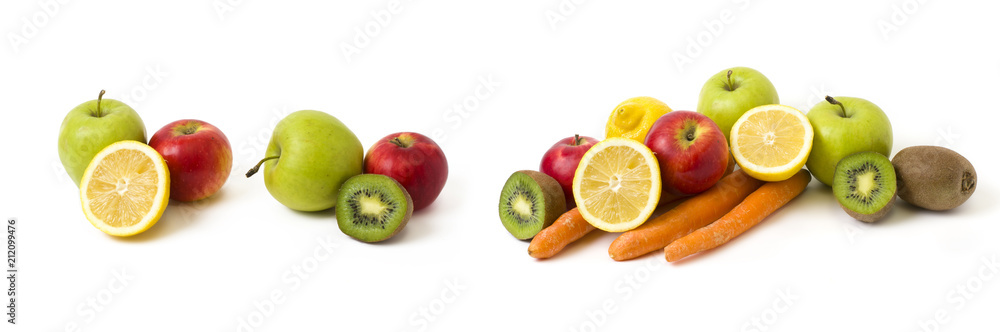 Fruits on a white background. Lemon with apples and kiwi on white background. Kiwi with lemon on a white background. Carrots with fruits on a white background. Fruits on a white background. Lemon with apples and kiwi on white background. Kiwi with lemon on a white background. Carrots with fruits on a white background.