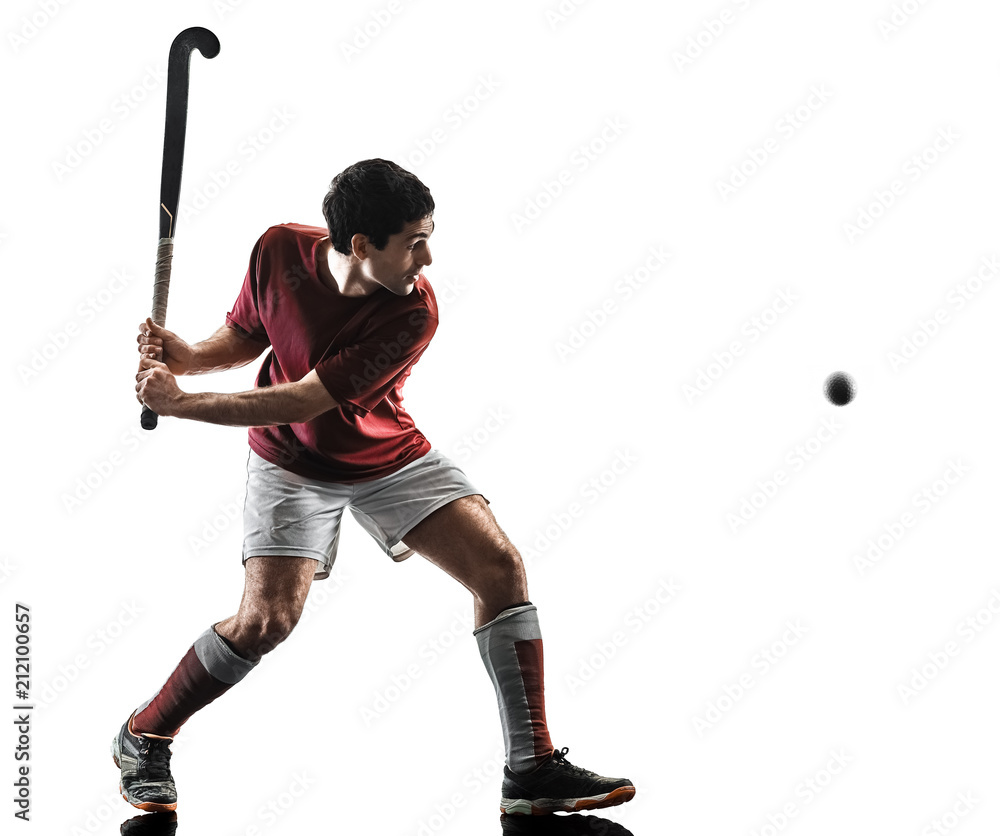 Fototapeta premium one caucasian field hockey player man isolated silhouette on white background
