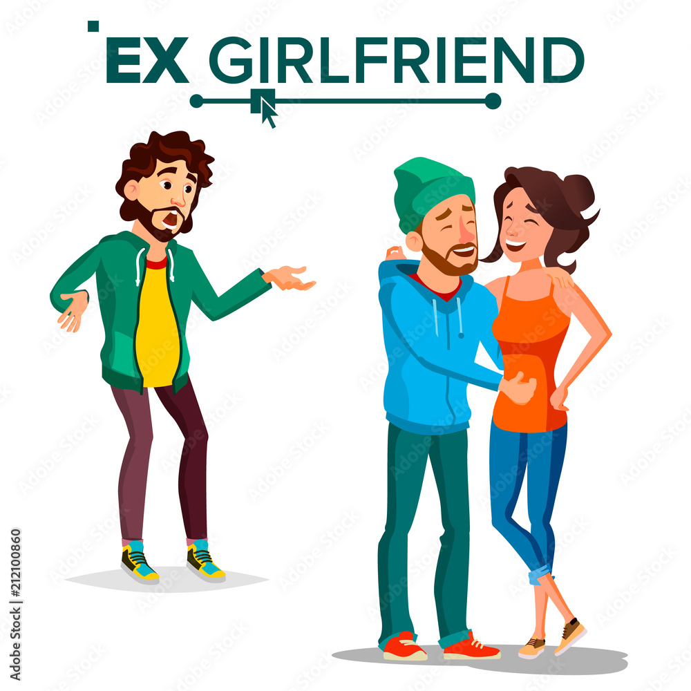 Ex Girlfriend Vector. Young Couple. Past Relationship Concept. Shocked Man. Breaking Up Divorce. Isolated Flat Cartoon Illustration