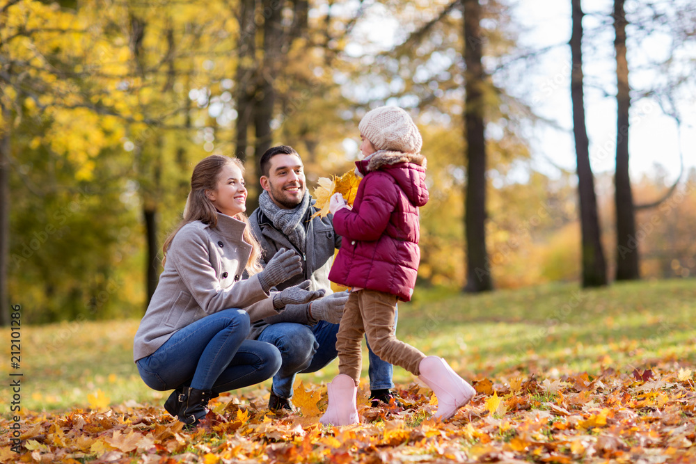 family, season and people concept - happy mother, father and little daughter with maple leaves at autumn park family, season and people concept - happy mother, father and little daughter with maple leaves at autumn park