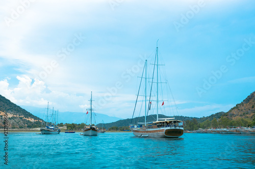 Beautiful bay with sailing boats, Mediterranean sea. Yachting, travel and active lifestyle concept