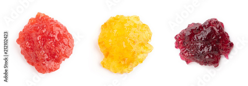 strawberry, orange and blueberries jam on a white background.