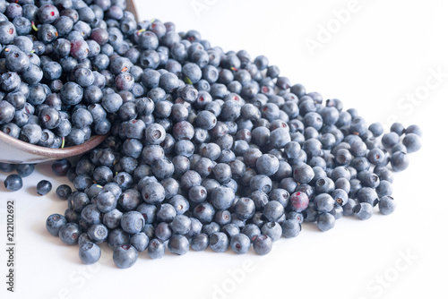 Forest blueberries on a plate on a white background close up, top view.